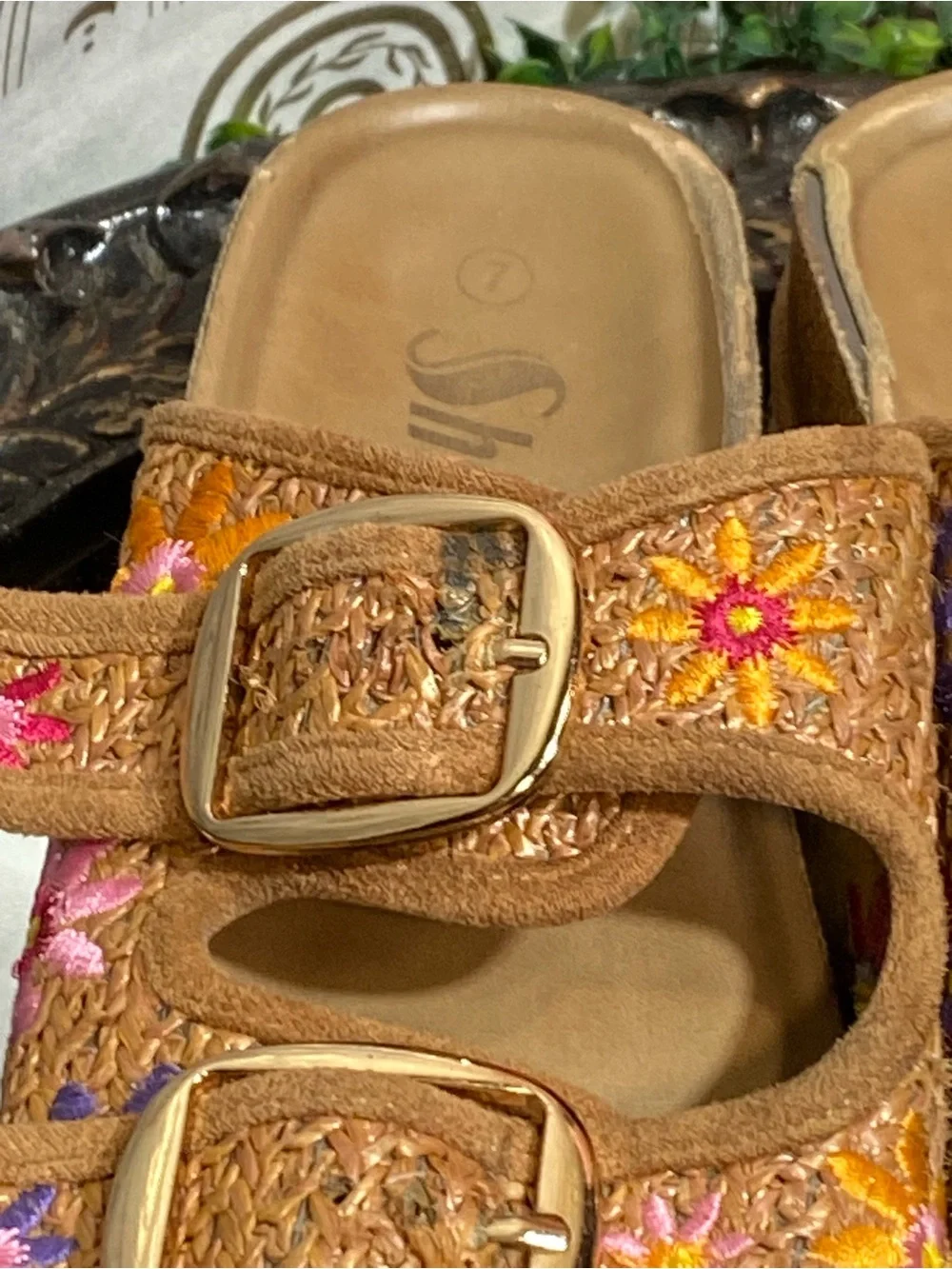 Embroidered Tan Suede Platform Slide Sandals with Buckles